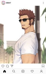 Rule 34 | 00047, 1boy, beard, biceps, blue eyes, brown hair, facial hair, fate/grand order, fate (series), fou (fate), glasses, highres, long sideburns, looking at viewer, male focus, muscular, napoleon bonaparte (fate), open mouth, pectorals, pole, shirt, short sleeves, sideburns, simple background, solo, upper body, white shirt