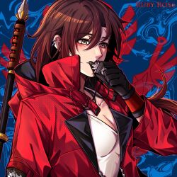 Rule 34 | 1girl, blush, breasts, brown hair, character name, cleavage, commentary, earrings, english commentary, gloves, grey eyes, hair between eyes, jacket, jewelry, jindianjun000, kissing necklace, medium breasts, necklace, open clothes, open jacket, ruby rose, rwby, solo, upper body