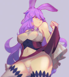 Rule 34 | alternate costume, alternate hairstyle, breasts, cleo (dragalia lost), clothes lift, cygames, dragalia lost, lifting own clothes, nintendo, nipples, purple hair, rabbit ears, skirt, skirt lift, thighhighs