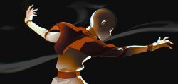 Rule 34 | 1boy, aang, avatar: the last airbender, avatar legends, backlighting, bald, black background, brown eyes, capelet, chinese commentary, closed mouth, concentrating, expressionless, fighting stance, floating clothes, from side, hand tattoo, head tattoo, highres, long sleeves, looking ahead, male focus, mimulishizi, orange capelet, outstretched arms, profile, sash, simple background, solo, tattoo, upper body, wind