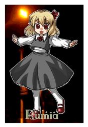Rule 34 | 1girl, 4c (artist), bad id, bad pixiv id, blonde hair, chibi, embodiment of scarlet devil, female focus, mito ayame, outstretched arms, red eyes, ribbon, rumia, short hair, solo, spread arms, touhou