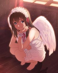 Rule 34 | 10s, 1girl, angel wings, bare shoulders, barefoot, blue eyes, brown hair, head rest, dress, feathered wings, feet, long hair, looking at viewer, maid headdress, official art, ribbon, shimada mayu, smile, solo, squatting, toes, wake up girls!, wake up girls! stage no tenshi, white dress, wings, wooden floor