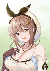 Rule 34 | 1girl, atelier (series), atelier ryza, atelier ryza 1, bare shoulders, blush, breasts, brown eyes, brown gloves, brown hair, cleavage, collarbone, commentary request, flan (f l an), gloves, hair ornament, hairclip, hat, highres, jewelry, large breasts, looking at viewer, necklace, open mouth, reisalin stout, short hair, smile, solo, star (symbol)