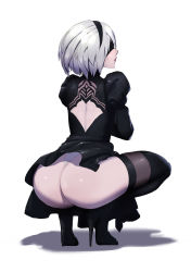 Rule 34 | 1girl, ass, back, black dress, black thighhighs, blindfold, boots, breasts, covered eyes, dress, hairband, high heel boots, high heels, highres, nier:automata, nier (series), scp-166 (artist), short hair, simple background, solo, squatting, thigh boots, thighhighs, thighhighs under boots, white hair, 2b (nier:automata)