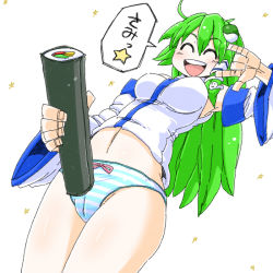 Rule 34 | 1girl, :d, aono3, armpits, breasts, cameltoe, closed eyes, cold, detached sleeves, food, frog hair ornament, green hair, hair ornament, kochiya sanae, long hair, long sleeves, makizushi, midriff, navel, open mouth, panties, sexually suggestive, shirt, smile, snake hair ornament, solo, sparkle, speech bubble, striped clothes, striped panties, sushi, touhou, underwear, very long hair, wide sleeves