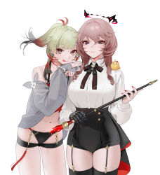Rule 34 | 2girls, :q, absurdres, azur lane, bare shoulders, bikini, bird, black bikini, black legwear, black panties, black ribbon, black shorts, blouse, breasts, brown hair, buttons, character request, closed mouth, collared shirt, commentary request, cowboy shot, creature, creature on shoulder, double-breasted, dress shirt, duca degli abruzzi (azur lane), ear piercing, earrings, expressionless, garter straps, giuseppe garibaldi (azur lane), gradient hair, green hair, grey jacket, halo, halterneck, high-waist shorts, highres, holding, jacket, jewelry, large breasts, leaning forward, long hair, long sleeves, looking at viewer, manjuu (azur lane), mechanical arms, mismatched bikini, multicolored hair, multiple girls, nail polish, navel, neck ribbon, ohisashiburi, on shoulder, open clothes, open jacket, panties, piercing, ponytail, prosthesis, prosthetic arm, red bikini, red eyes, red hair, red nails, red ribbon, ribbon, shirt, shirt tucked in, shorts, simple background, single mechanical arm, skindentation, smile, streaked hair, swimsuit, thigh strap, thighhighs, tongue, tongue out, two-tone ribbon, underwear, waist cape, white background, white shirt