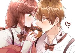 Rule 34 | 1boy, 1girl, blush, bow, bowtie, brown bow, brown bowtie, brown eyes, brown hair, doughnut, food, food in mouth, green eyes, h haluhalu415, heart, holding, holding food, jacket, long hair, looking at another, luke pearce (tears of themis), open mouth, pink jacket, rosa (tears of themis), shirt, short hair, simple background, tears of themis, white background, white shirt