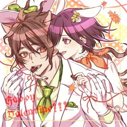 Rule 34 | 2boys, alternate costume, animal ears, bow, brown eyes, brown hair, candy, chocolate, chocolate heart, collared shirt, commentary request, danganronpa (series), danganronpa v3: killing harmony, food, food in mouth, formal, gloves, gokuhara gonta, green bow, green neckwear, hair bow, hair ornament, hands up, happy valentine, heart, highres, jacket, long sleeves, male focus, messy hair, multiple boys, necktie, open mouth, oma kokichi, purple hair, red ribbon, ribbon, round eyewear, sanmian (chidarakeno), shirt, upper body, valentine, white gloves, white jacket, yaoi