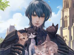 1boy animal armor black_armor black_cat black_gloves black_gorget blue_eyes blue_hair byleth_(fire_emblem) byleth_(male)_(fire_emblem) cat cathedral closed_eyes closed_mouth cloud commentary commentary_request english_commentary fire_emblem fire_emblem:_three_houses gloves gorget highres holding holding_animal looking_at_viewer male_focus mixed-language_commentary multiple_cats nintendo outdoors pauldrons shoulder_armor sky sleeping slit_pupils smile solo tabby_cat tuxedo_cat whiskers wrainbow13