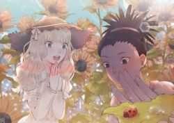 Rule 34 | 2girls, :d, absurdres, black hair, blue eyes, blue sky, blunt bangs, bug, carole &amp; tuesday, carole stanley, dark-skinned female, dark skin, day, dew drop, dress, flower, hairband, hands up, hat, highres, insect, ladybug, lens flare, long hair, multiple girls, open mouth, own hands together, rinoru, sky, smile, standing, straw hat, summer, sun hat, sunflower, sunlight, tuesday simmons, upper body, water drop, white dress