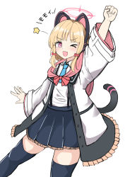 Rule 34 | &gt; o, 1girl, ;d, absurdres, animal ear headphones, animal ears, arm up, black skirt, black thighhighs, blonde hair, blue archive, blue necktie, blush, bow, cat ear headphones, cat ears, cat tail, clenched hand, collared shirt, fake animal ears, frilled jacket, frilled skirt, frills, hair bow, halo, headphones, highres, jacket, long sleeves, momoi (blue archive), moyoron, necktie, off shoulder, one eye closed, open clothes, open jacket, open mouth, pink eyes, pleated skirt, red bow, shirt, short necktie, simple background, skirt, smile, solo, star (symbol), tail, thighhighs, translation request, white background, white jacket, white shirt, wide sleeves