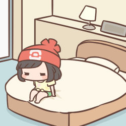 Rule 34 | 1girl, barefoot, beanie, bed, blush stickers, cafe (chuu no ouchi), chibi, commentary request, creatures (company), game freak, green shorts, hat, indoors, lamp, lowres, medium hair, nintendo, on bed, pillow, pokemon, pokemon sm, red hat, selene (pokemon), shirt, short sleeves, shorts, solo, t-shirt, tied shirt, yellow shirt