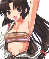 Rule 34 | 10s, 1girl, arm up, armpits, bandeau, black hair, breasts, brown eyes, dd (ijigendd), kantai collection, long hair, navel, off shoulder, open mouth, shouhou (kancolle), single bare shoulder, smile, solo, strapless, tube top, upper body, very long hair