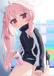 Rule 34 | 1girl, ahoge, alternate costume, asymmetrical hair, blue archive, blue jacket, blue shorts, bottle, clenched hand, commentary request, cowboy shot, gym shorts, gym uniform, halo, highres, holding, jacket, kokone (coconeeeco), leaning forward, long hair, long sleeves, looking at viewer, natsu (blue archive), paid reward available, parted lips, pink hair, pink halo, puffy long sleeves, puffy sleeves, red eyes, short shorts, shorts, side ponytail, sleeves past wrists, solo, track jacket, water bottle