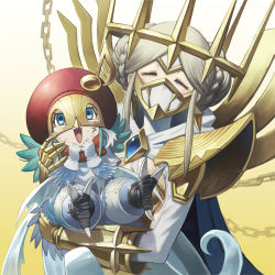 Rule 34 | 2girls, ^ ^, armor, beret, bird legs, braid, braided bun, breastplate, breasts, capelet, carrying, carrying person, chain, cleavage, closed eyes, commentary request, covered mouth, digimon, digimon (creature), double bun, double halo, earrings, eyebrows hidden by hair, facial mark, feathered wings, full body, gauntlets, gloves, gold armor, green eyes, green hair, grey hair, hair bun, halo, hat, hood, hood down, jewelry, junomon, large breasts, looking at viewer, mask, mouth mask, multiple girls, musical note, open mouth, parted bangs, red headwear, ribbon, sasasi, shoulder armor, shrug (clothing), sidelocks, sirenmon, size difference, standing, sweat, talons, upper body, white capelet, white gloves, wings, yellow background