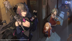 Rule 34 | 3girls, ;d, abercrombie (azur lane), azur lane, bandages, baseball bat, black gloves, black legwear, black ribbon, blonde hair, blue eyes, blue jacket, blush, breasts, brown hair, bsue, candle, cleavage, commentary, cone hair bun, copyright notice, different shadow, door, dress, english commentary, finger to mouth, fingerless gloves, gloves, glowworm (azur lane), green eyes, grey hair, grin, hair between eyes, hair bun, hair ribbon, halloween, hallway, halterneck, holding, holding baseball bat, indoors, jack-o&#039;-lantern, jacket, kneeling, logo, long hair, long sleeves, mary janes, medium breasts, medium hair, moonlight, multicolored hair, multiple girls, nail, nail bat, night, off shoulder, official art, one eye closed, open clothes, open jacket, open mouth, pantyhose, parted lips, partially unzipped, pink hair, purple eyes, red dress, red footwear, red jacket, ribbon, san francisco (azur lane), second-party source, shadow, shirt, shoes, shushing, smile, sparkle, standing, streaked hair, teeth, twintails, two-tone hair, watermark, white shirt, window