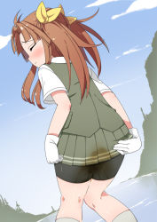 Rule 34 | 1girl, bike shorts, blue sky, blush, bow, brown hair, cloud, day, dutch angle, embarrassed, closed eyes, from behind, gloves, green skirt, green vest, hair bow, hair ornament, kagerou (kancolle), kantai collection, kneehighs, knees together feet apart, minamimachi naname, miniskirt, mountain, outdoors, pee stain, peeing, peeing self, pleated skirt, school uniform, shirt, short sleeves, skirt, sky, socks, solo, standing, tears, twintails, vest, water, wet, wet clothes, white gloves, white socks, white shirt, yellow bow