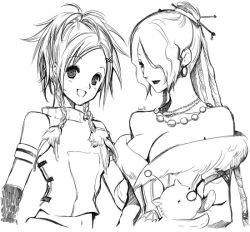 Rule 34 | 2girls, arm bands, asymmetrical bangs, blush, braid, breasts, cleavage, dress, earrings, feather hair ornament, final fantasy, final fantasy x, fur trim, gloves, hair ornament, hair stick, hair up, hairclip, inma, jewelry, large breasts, lineart, lipstick, long hair, long sleeves, lulu (ff10), makeup, medium hair, midriff, moogle, multiple braids, multiple girls, multiple necklaces, navel, off-shoulder dress, off shoulder, open mouth, ponytail, rikku (ff10), sleeveless, sleeveless turtleneck, small breasts, smile, square enix, stuffed toy, turtleneck, twin braids, upper body, wavy hair, white background
