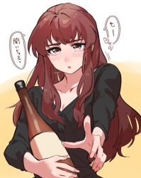 Rule 34 | :o, black shirt, blush, bottle, breasts, brown hair, cleavage, collarbone, commentary request, fingernails, hattori toko, highres, hugging object, idolmaster, idolmaster cinderella girls, long hair, looking at viewer, pon (ponymmtknsk), sake bottle, shirt, sidelocks, simple background, speech bubble, translation request, upper body, very long hair