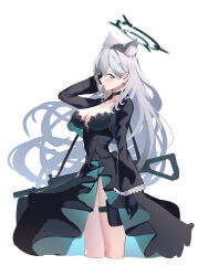 Rule 34 | 1girl, absurdres, animal ears, arm up, assault rifle, black choker, black dress, blue archive, blue eyes, blush, breasts, choker, cleavage, cropped legs, dress, extra ears, from side, grey hair, gun, hair ornament, halo, hand in own hair, highres, large breasts, long hair, long sleeves, looking at viewer, looking to the side, parted lips, pelvic curtain, shiroko (blue archive), shiroko terror (blue archive), sig sauer 556, simple background, skindentation, thigh strap, very long hair, weapon, white background, wolf ears, xintianou