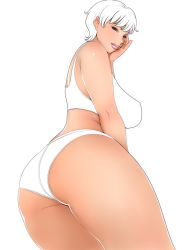 Rule 34 | 1girl, ass, bare shoulders, blue eyes, breasts, covered erect nipples, huge ass, large breasts, matoyama, short hair, smile, solo, thick thighs, white background, white hair