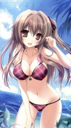Rule 34 | 1girl, :d, absurdres, aomi maika, beach, bikini, blue sky, breasts, brown eyes, brown hair, cleavage, cloud, collarbone, day, hair intakes, hair ribbon, highres, horizon, karory, large breasts, leaning forward, lens flare, long hair, looking at viewer, navel, one side up, open mouth, original, outdoors, plaid, plaid bikini, purple bikini, ribbon, side ponytail, sky, smile, solo, string bikini, swimsuit