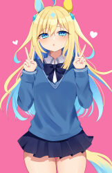 Rule 34 | 1girl, absurdres, ahoge, alternate costume, animal ears, blonde hair, blue bow, blue eyes, blue skirt, blue sweater, blush, bow, collared shirt, colored inner hair, commentary request, cowboy shot, double v, gradient hair, hair between eyes, heart, highres, horse ears, horse girl, kaoru (h8qm9), looking at viewer, multicolored hair, neo universe (umamusume), open mouth, pink background, pleated skirt, shirt, simple background, skirt, solo, streaked hair, sweater, umamusume, v, white shirt