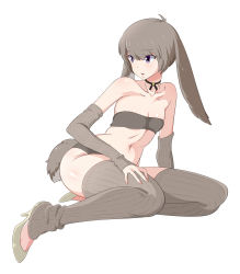 Rule 34 | 1girl, 9aki, animal ears, bandeau, bare shoulders, breasts, brown hair, rabbit ears, rabbit tail, collarbone, female focus, fingerless gloves, flat chest, gloves, high heels, highres, leg warmers, neck ribbon, original, panties, purple eyes, ribbon, shoes, small breasts, solo, strapless, tail, thighhighs, tube top, underwear