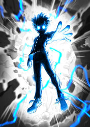 Rule 34 | 1boy, absurdres, aiming, aiming at viewer, backlighting, clenched hand, commentary, english commentary, full body, gakuran, glowing, glowing eyes, highres, jeetdoh, kageyama shigeo, male focus, mob psycho 100, motion blur, no pupils, outstretched arm, pants, powering up, psychic, school uniform, shaded face, shoes, sneakers, solo, speed lines, spiked hair, spot color