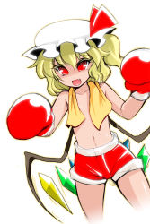 Rule 34 | 1girl, blonde hair, boxing gloves, censored, convenient censoring, fang, female focus, flandre scarlet, hat, highres, noise (lesion949), open mouth, red eyes, ringed eyes, short hair, shorts, side ponytail, solo, embodiment of scarlet devil, topless, touhou, towel, wings