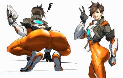 Rule 34 | !, 1girl, armor, armored gloves, ass, blizzard (company), bodysuit, brown hair, gun, highres, jacket, mashingvaquita, overwatch, pants, shoes, skin tight, squatting, tracer (overwatch), weapon