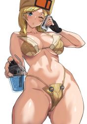 Rule 34 | 1girl, ashiomi masato, bare shoulders, blonde hair, blue eyes, blush, can, collarbone, cup, drinking straw, fingernails, giving, gloves, guilty gear, guilty gear strive, hat, holding, holding can, holding cup, hot, long hair, looking at viewer, millia rage, navel, one eye closed, parted lips, simple background, solo, sweat, swimsuit, transparent, wet, white background, yellow hat