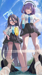 Rule 34 | 1boy, 2girls, absurdres, aiming, aiming at viewer, aqua necktie, aris (blue archive), bare legs, black hair, black skirt, blue archive, blue sky, blush, bra, bra visible through clothes, breasts, bright pupils, commentary request, day, dezi, from below, hair between eyes, halo, hand on own hip, highres, holding, holding water gun, long hair, looking at viewer, looking down, medium breasts, miniskirt, multiple girls, necktie, one side up, open mouth, outdoors, pleated skirt, pov, pov hands, purple hair, school uniform, see-through, see-through shirt, sensei (blue archive), shirt, side-by-side, skirt, sky, smile, soaking feet, standing, striped bra, striped clothes, teeth, tied shirt, two side up, underwear, upper teeth only, v-shaped eyebrows, vertical-striped bra, vertical-striped clothes, very long hair, wading, water gun, wet, wet clothes, wet shirt, white shirt, yuuka (blue archive)