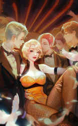 Rule 34 | 1girl, 6+boys, bare shoulders, beckoning, bird, black bow, black bowtie, black jacket, blonde hair, blue eyes, blurry, bow, bowtie, brown hair, censored, chicago (movie), closed mouth, collared shirt, commentary, depth of field, detached collar, dove, dress shirt, elbow gloves, english commentary, extra, eyelashes, fingerless gloves, fingernails, fishnet gloves, fishnet pantyhose, fishnets, formal, gloves, grey hair, hand on another&#039;s hip, hand on another&#039;s thigh, hand on another&#039;s waist, hetero, highres, holding another&#039;s wrist, jacket, knee up, lace trim, leaning forward, leotard, lipstick, long sleeves, looking at another, looking at viewer, looking away, looking to the side, makeup, milk ko, multiple boys, no eyes, one eye covered, orange leotard, outstretched arm, outstretched arms, pantyhose, profile, reaching, reaching towards viewer, red eyes, red hair, red lips, roxie hart, shirt, short hair, sitting, smile, smirk, strapless, strapless leotard, suit, swept bangs, traditional bowtie, white shirt, wing collar
