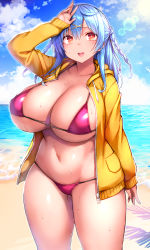 Rule 34 | 1girl, arm at side, arm up, beach, bikini, blue hair, blue sky, braid, breasts, cleavage, cloud, commentary request, cowboy shot, curvy, day, hair ornament, highres, horizon, huge breasts, jacket, lens flare, long hair, long sleeves, looking at viewer, mole, mole under eye, navel, open clothes, open jacket, open mouth, original, outdoors, purple bikini, red eyes, sand, sky, solo, standing, sweat, swimsuit, thick thighs, thighs, tsukumiya amane, twin braids, unzipped, water, wide hips, x hair ornament, yellow jacket