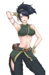 Rule 34 | 1girl, absurdres, akali, arm tattoo, arm up, armpits, belt, black hair, breasts, closed mouth, clothing cutout, collarbone, contrapposto, crop top, eyeliner, green pants, hand on own hip, high ponytail, highres, league of legends, lips, looking at viewer, makeup, medium breasts, midriff, navel, ninja, nokma 00, pants, red eyeliner, red eyes, rope, scroll, shoulder tattoo, simple background, solo, stomach, tattoo, white background