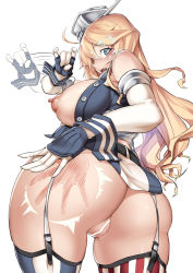 Rule 34 | 10s, 1girl, american flag legwear, ass, bar censor, bare shoulders, belt, blonde hair, blue eyes, breasts, censored, cleft of venus, elbow gloves, from behind, garter straps, gloves, headgear, huge ass, ion (cation), iowa (kancolle), kantai collection, large breasts, long hair, looking at viewer, looking back, miniskirt, nipples, pussy, pussy juice, sexually suggestive, skirt, slap mark, slapping, solo, spanked, spanking, sparkling eyes, star-shaped pupils, star (symbol), symbol-shaped pupils, thighhighs