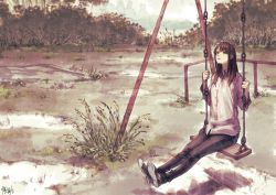 Rule 34 | 1girl, absurdres, black pants, brown hair, buttons, collared shirt, grass, highres, long hair, long sleeves, looking at viewer, original, pants, playground, scenery, shirt, shoes, sleeves rolled up, sneakers, solo, swing, swing set, white shirt, wing collar, zennosuke