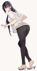 Rule 34 | 1girl, alternate costume, ass, black hair, black pants, blush, breasts, brown eyes, from behind, full body, grey background, hair between eyes, high heels, highres, kantai collection, kasumi (skchkko), large breasts, long hair, looking back, nagato (kancolle), pants, parted lips, shirt, short sleeves, simple background, solo, white footwear, white shirt