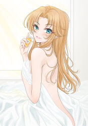 1girl bed_sheet blonde_hair blush bottle curtained_hair forehead green_eyes highres idolmaster idolmaster_cinderella_girls indoors long_hair looking_at_viewer looking_to_the_side matsumoto_sarina naked_sheet natsuka_(pwkf8487) perfume_bottle sitting smile solo straight_hair very_long_hair