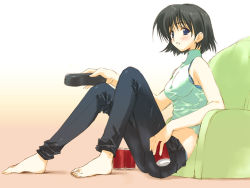 Rule 34 | 1girl, alcohol, amazuyu tatsuki, armpits, bare shoulders, barefoot, beer, black hair, blue eyes, bra, can, casual, couch, green upholstery, legs, lingerie, short hair, sitting, sleeveless, sleeveless turtleneck, soda, solo, striped, television, turtleneck, underwear, wallpaper