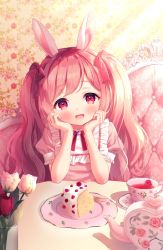 Rule 34 | 1girl, :d, animal ears, blush, bow, cake, cake slice, chitosezaka suzu, commentary request, couch, cup, dress, flower, flower on liquid, food, frills, hair bow, hands up, indoors, long hair, looking at viewer, on couch, open mouth, original, pink dress, pink hair, plate, puffy short sleeves, puffy sleeves, rabbit ears, red bow, red eyes, red flower, red rose, rose, short sleeves, smile, solo, table, teacup, teapot, twintails, upper body, white flower, white rose