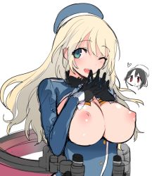 Rule 34 | 10s, 2girls, ;d, atago (kancolle), bad id, bad nijie id, black gloves, black hair, blonde hair, blue hat, blush, breasts, donacoo, female focus, gloves, green eyes, hat, heart, kantai collection, large breasts, long hair, looking at viewer, military, military uniform, multiple girls, nipples, one eye closed, open mouth, personification, red eyes, simple background, smile, steepled fingers, takao (kancolle), uniform, upper body, white background, wink, yuuhi homare