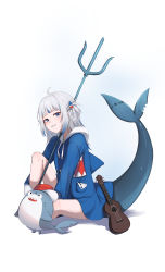 Rule 34 | 1girl, absurdres, bloop (gawr gura), blue eyes, blue hair, blue hoodie, blunt bangs, fins, fish tail, gawr gura, gawr gura (1st costume), gnns, grin, hair ornament, highres, hololive, hololive english, hood, hood down, hoodie, instrument, long hair, long sleeves, looking at viewer, multicolored hair, polearm, shark girl, shark hair ornament, shark tail, sharp teeth, silver hair, simple background, sitting, smile, solo, streaked hair, tail, teeth, trident, two side up, ukulele, virtual youtuber, weapon, white background