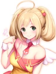 Rule 34 | 1girl, ahoge, bare shoulders, blonde hair, blush, breasts, buttons, cleavage, closed mouth, commentary request, detached collar, double-breasted, fueru nattou, green eyes, hair bobbles, hair ornament, highres, idolmaster, idolmaster cinderella girls, large breasts, looking at viewer, necktie, red necktie, sato shin, simple background, single wing, smile, solo, star (symbol), twintails, upper body, white background, white wings, wings