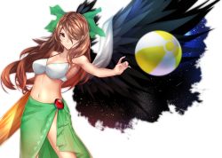 Rule 34 | 1girl, ankh (ankh 05), arm cannon, ball, beachball, bikini, black wings, breasts, brown hair, cape, cleavage, hair ornament, hair over one eye, hair ribbon, highres, long hair, looking at viewer, navel, red eyes, reiuji utsuho, ribbon, sarong, simple background, smile, solo, swimsuit, touhou, weapon, white background, wings