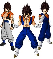 Rule 34 | 3boys, abs, black eyes, boots, brown hair, dragon ball, dragonball z, earrings, fusion, gloves, gogeta, gogetto, highres, jewelry, male focus, multiple boys, muscular, open mouth, smile, spiked hair, time paradox, transparent background, vegetto