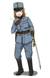 Rule 34 | 1girl, anyan (jooho), belt, black footwear, blue eyes, blue hat, blue jacket, blue pants, boots, brown belt, brown gloves, brown hair, full body, gloves, hat, highres, holding, holding weapon, holster, jacket, long hair, long sleeves, looking at viewer, military, military uniform, open mouth, original, pants, puff of air, sheath, sheathed, simple background, smile, solo, spurs, standing, sword, uniform, weapon, white background, world war i