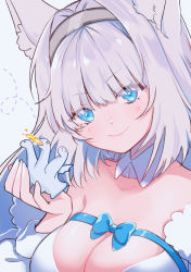 Rule 34 | 1girl, animal ear fluff, animal ears, blue bow, blue eyes, blue ribbon, blush, bow, breasts, cat ears, cat girl, cleavage, closed mouth, clothing cutout, detached collar, detached sleeves, dobrynya nikitich (fate), dress, fate/grand order, fate (series), hair intakes, hairband, highres, large breasts, looking at viewer, miho-tyan, ribbon, smile, solo, white dress, white hair
