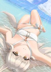 Rule 34 | 1girl, absurdres, animal ears, arknights, bandeau, bare legs, barefoot, bikini, blue sky, brown eyes, cloud, codename696, commentary request, criss-cross halter, day, dutch angle, grey hair, halterneck, highres, long hair, looking at viewer, official alternate costume, parted lips, platinum (arknights), platinum (shimmering dew) (arknights), sky, solo, stomach, swimsuit, tail, thighs, water, white bikini